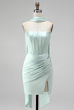 Mint Corset Short Tight Ruched Strapless Homecoming Dress with Slit