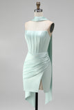 Mint Corset Short Tight Ruched Strapless Homecoming Dress with Slit