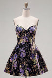 Sparkly Pink Floral Beaded A Line Short Strapless Homecoming Dress