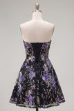 Sparkly Pink Floral Beaded A Line Short Strapless Homecoming Dress