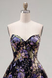 Sparkly Pink Floral Beaded A Line Short Strapless Homecoming Dress