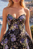 Sparkly Pink Floral Beaded A Line Short Strapless Homecoming Dress