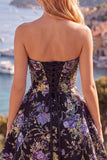 Sparkly Pink Floral Beaded A Line Short Strapless Homecoming Dress