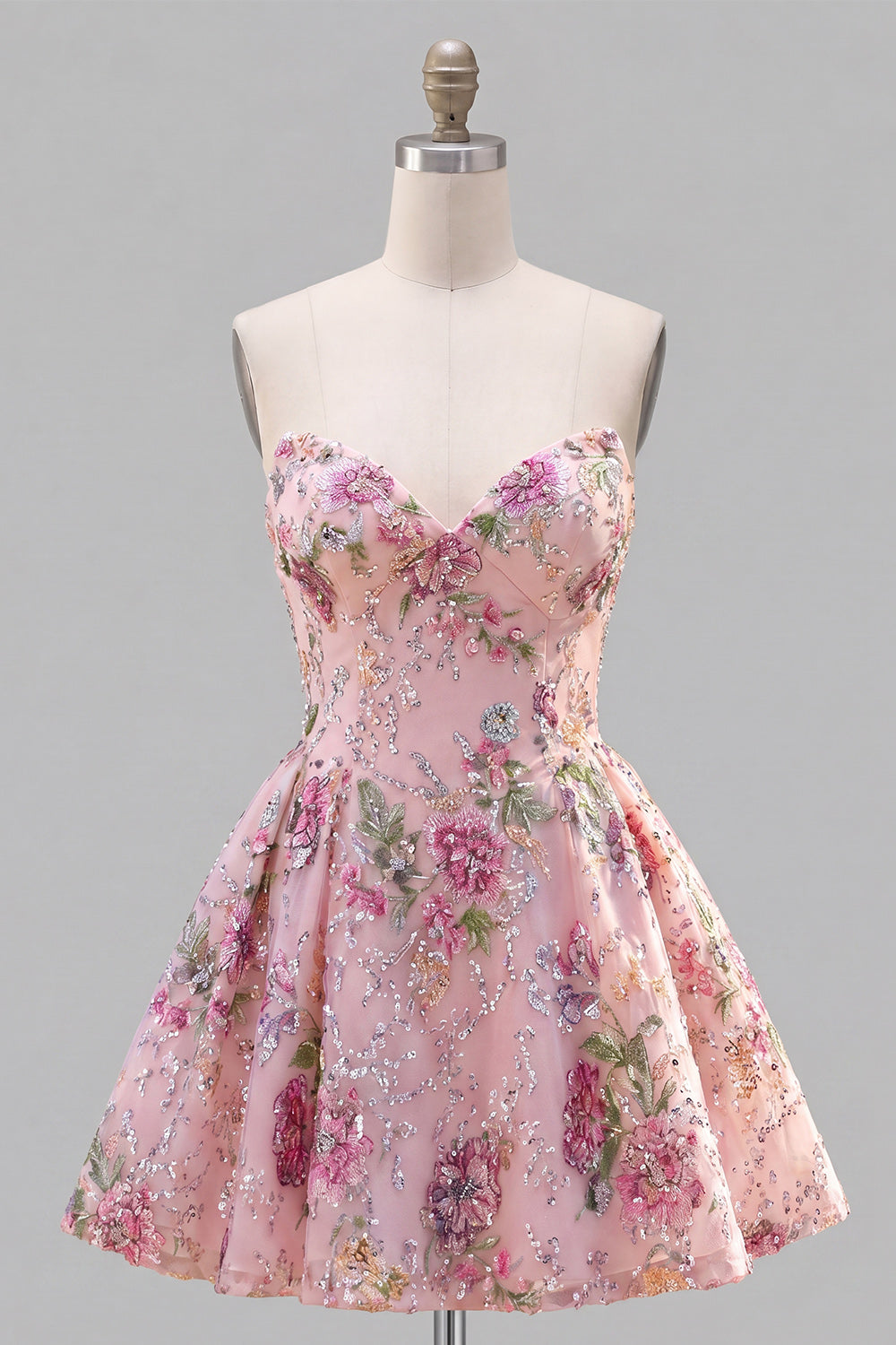 Sparkly Pink Floral Beaded A Line Short Strapless Homecoming Dress