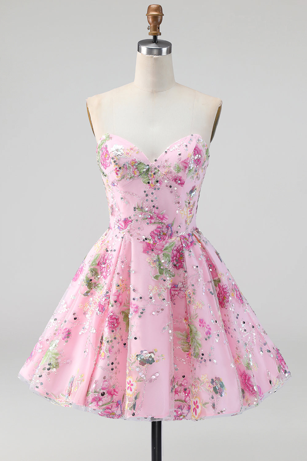 Sparkly Pink Floral Beaded A Line Short Strapless Homecoming Dress