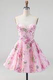 Sparkly Pink Floral Beaded A Line Short Strapless Homecoming Dress