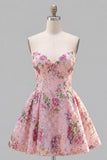 Sparkly Pink Floral Beaded A Line Short Strapless Homecoming Dress