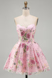 Sparkly Pink Floral Beaded A Line Short Strapless Homecoming Dress