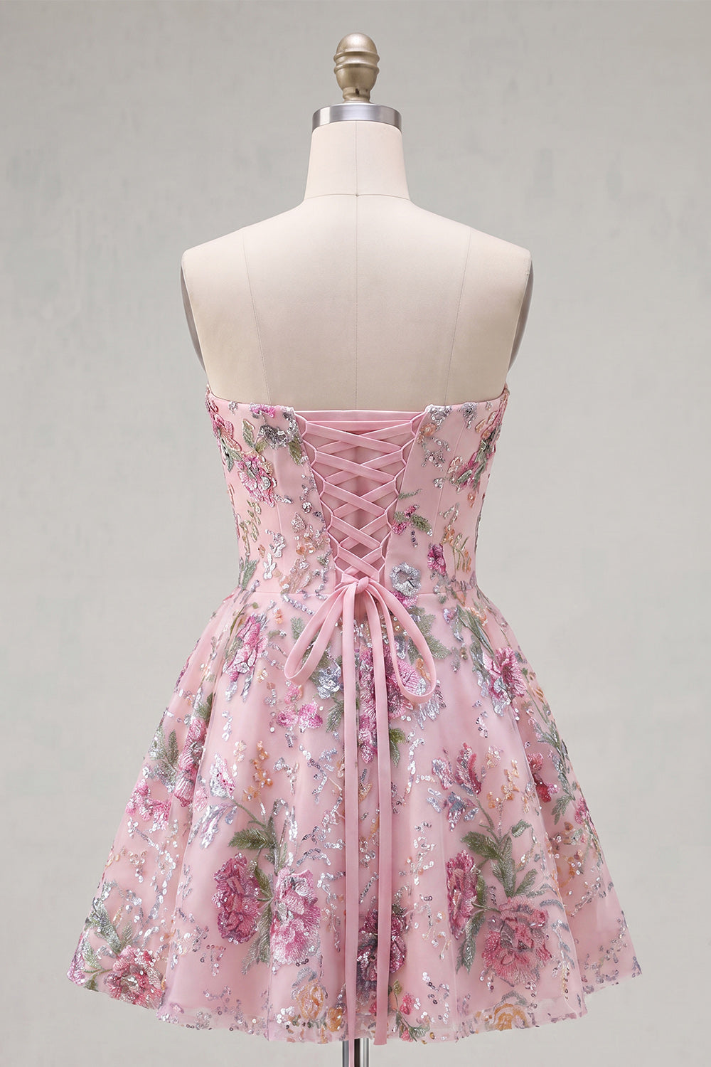 Sparkly Pink Floral Beaded A Line Short Strapless Homecoming Dress