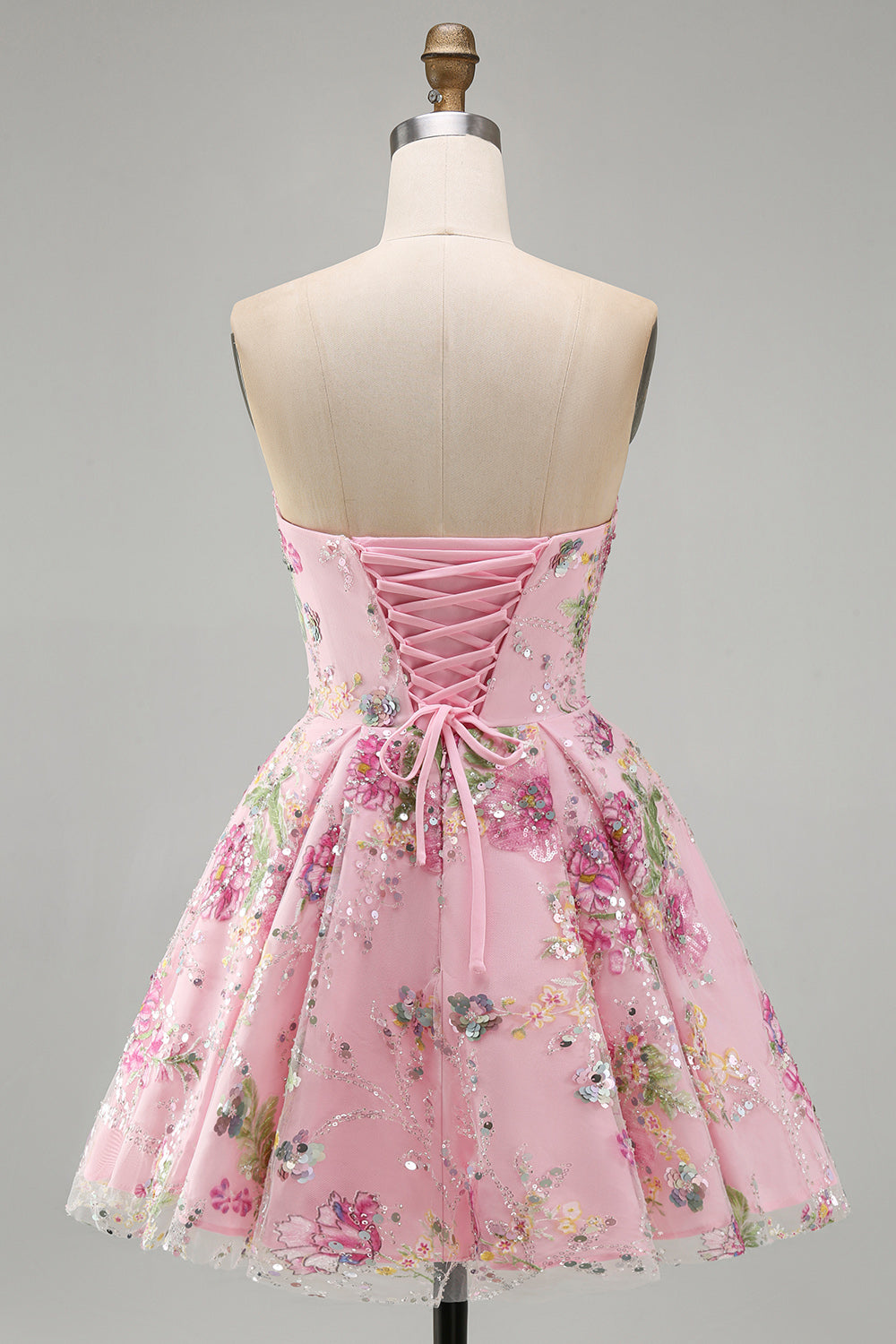 Sparkly Pink Floral Beaded A Line Short Strapless Homecoming Dress