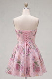 Sparkly Pink Floral Beaded A Line Short Strapless Homecoming Dress