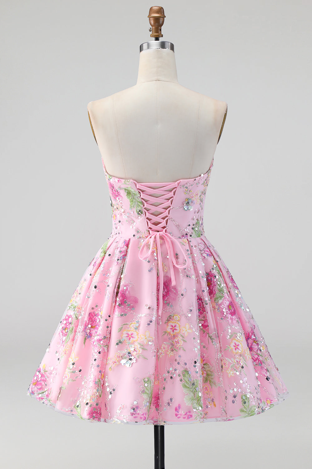 Sparkly Pink Floral Beaded A Line Short Strapless Homecoming Dress