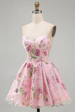 Sparkly Pink Floral Beaded A Line Short Strapless Homecoming Dress
