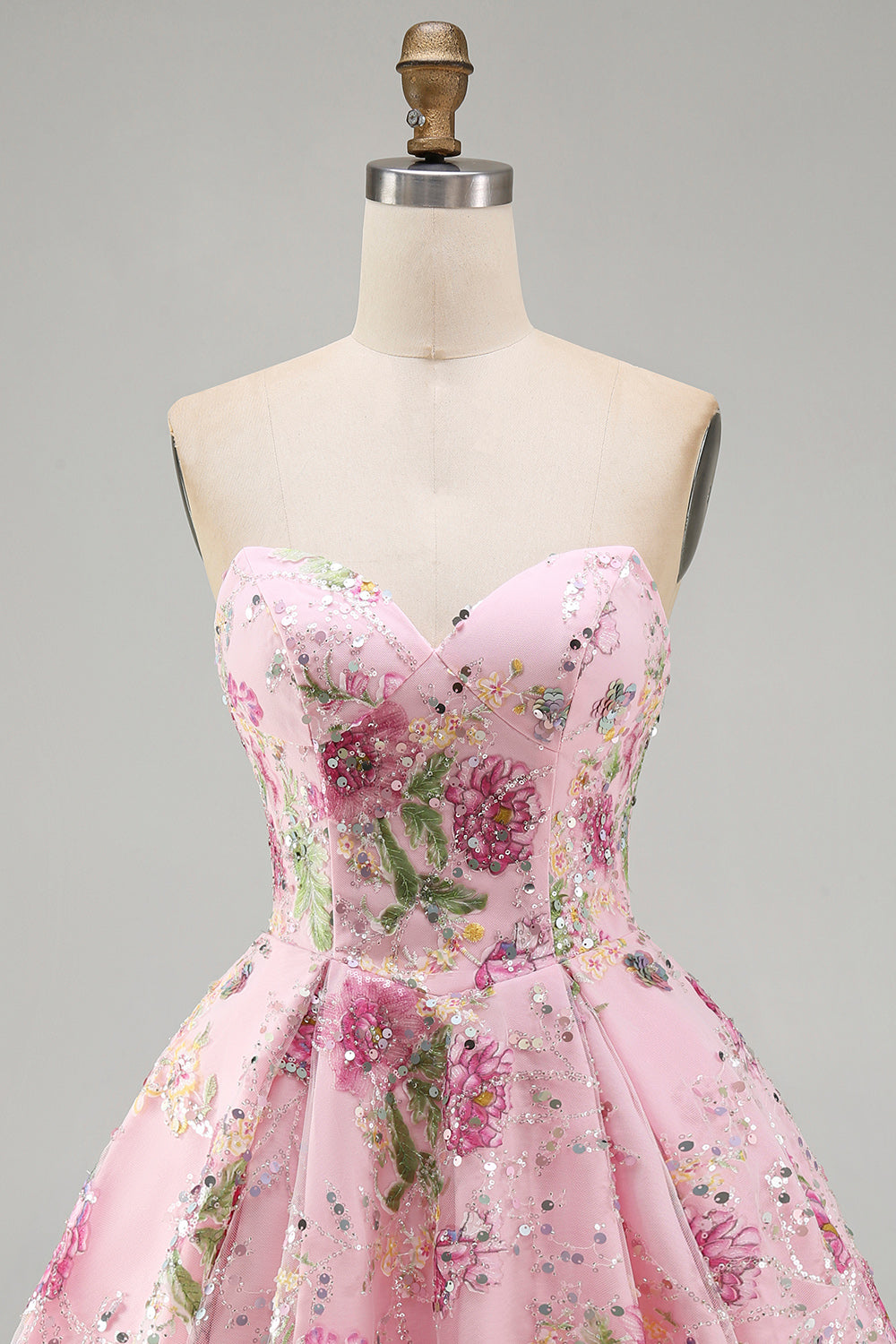 Sparkly Pink Floral Beaded A Line Short Strapless Homecoming Dress