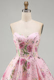 Sparkly Pink Floral Beaded A Line Short Strapless Homecoming Dress