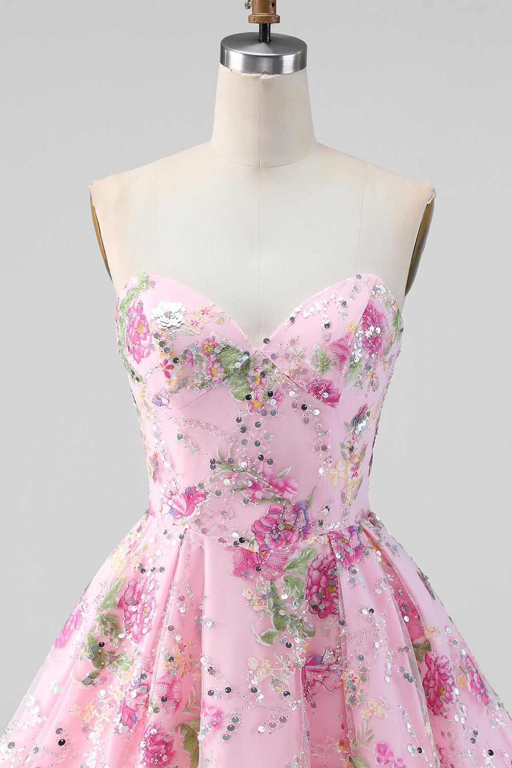 Sparkly Pink Floral Beaded A Line Short Strapless Homecoming Dress