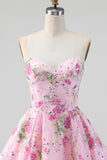 Sparkly Pink Floral Beaded A Line Short Strapless Homecoming Dress