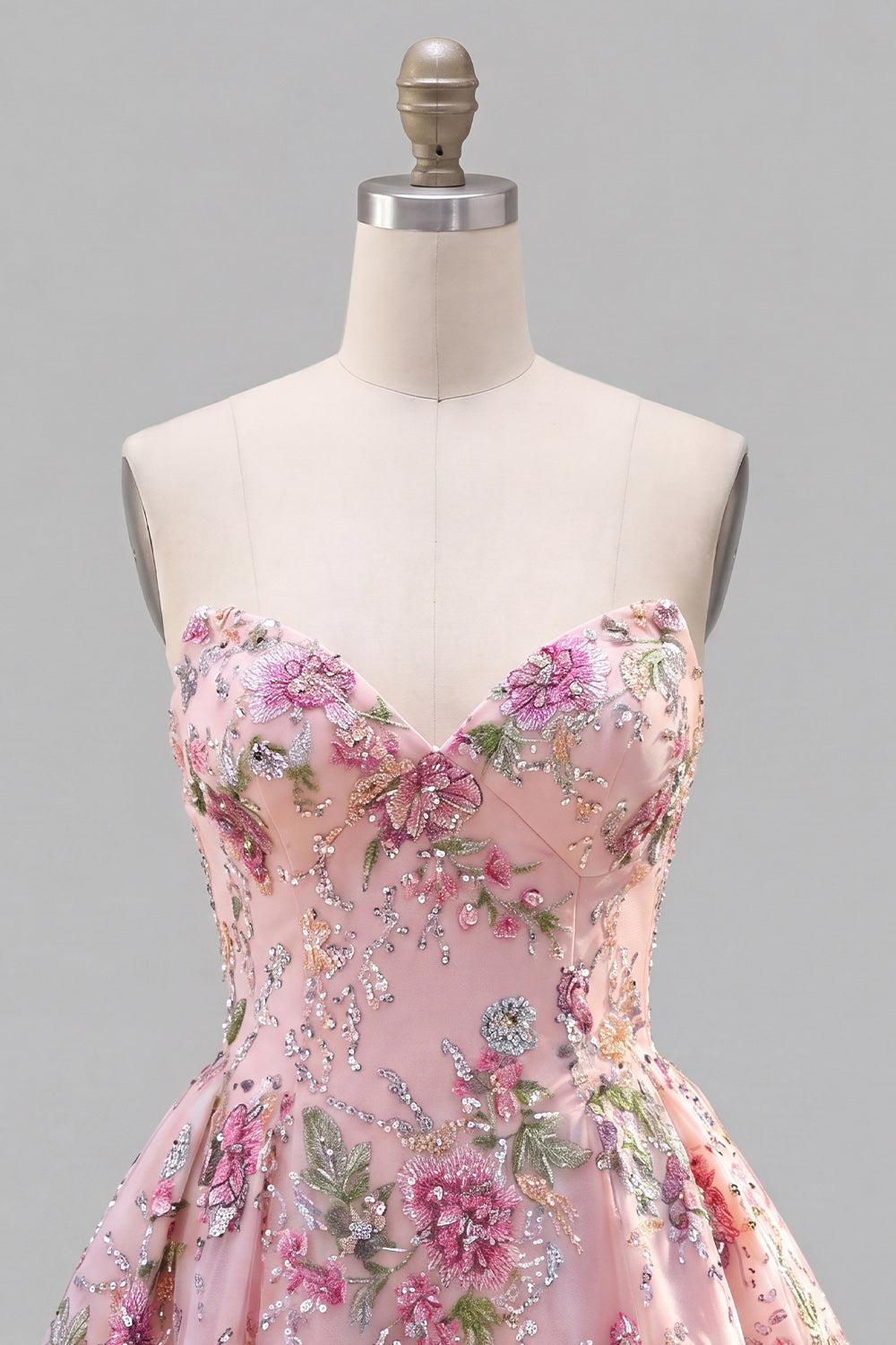 Sparkly Pink Floral Beaded A Line Short Strapless Homecoming Dress