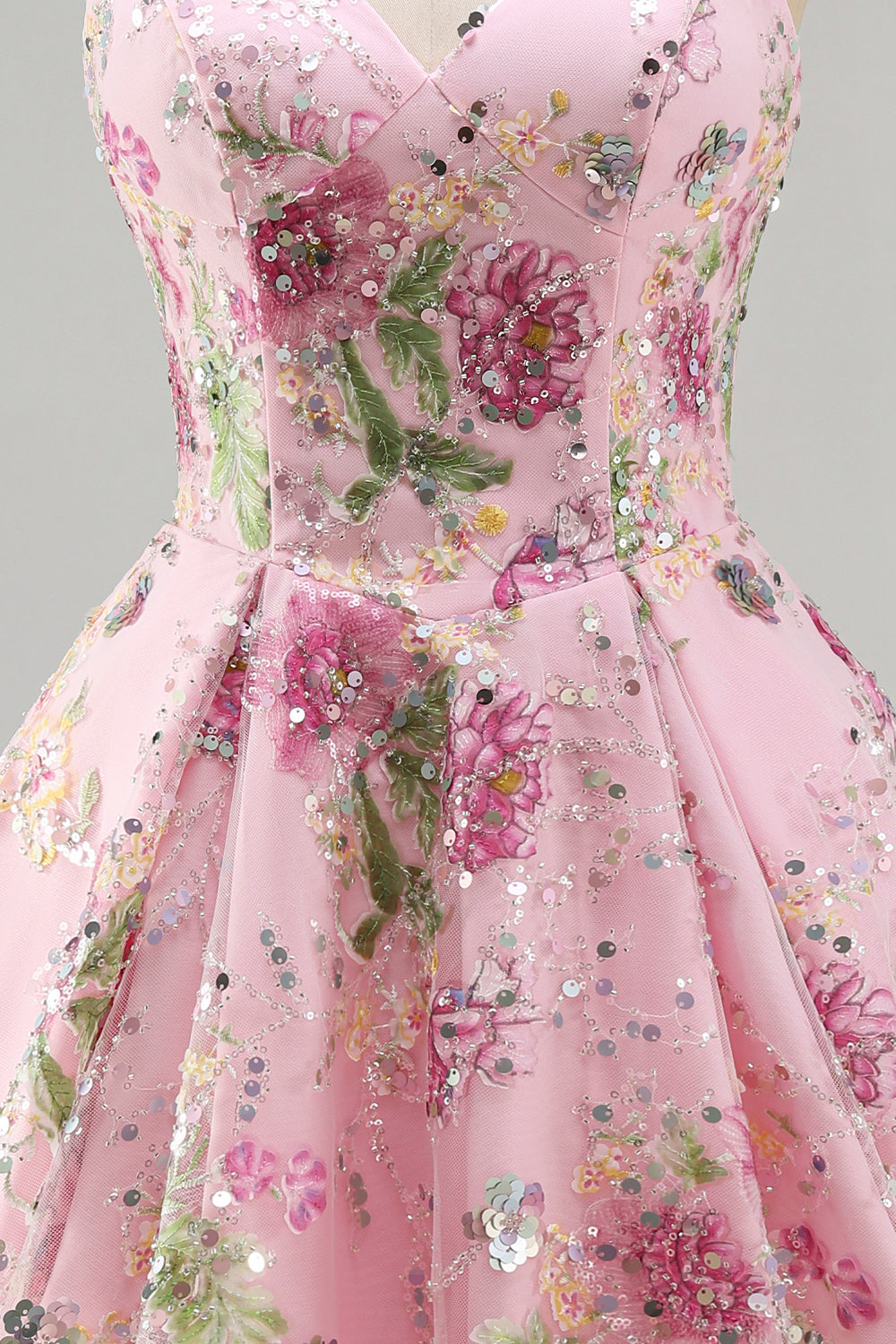 Sparkly Pink Floral Beaded A Line Short Strapless Homecoming Dress