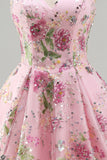 Sparkly Pink Floral Beaded A Line Short Strapless Homecoming Dress