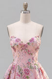 Sparkly Pink Floral Beaded A Line Short Strapless Homecoming Dress