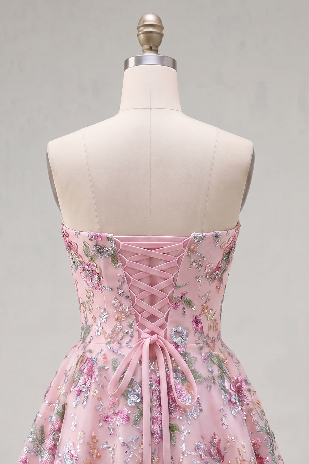 Sparkly Pink Floral Beaded A Line Short Strapless Homecoming Dress