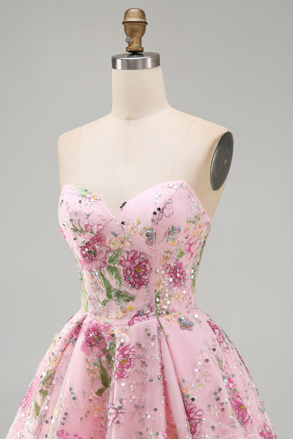 Sparkly Pink Floral Beaded A Line Short Strapless Homecoming Dress