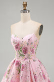 Sparkly Pink Floral Beaded A Line Short Strapless Homecoming Dress
