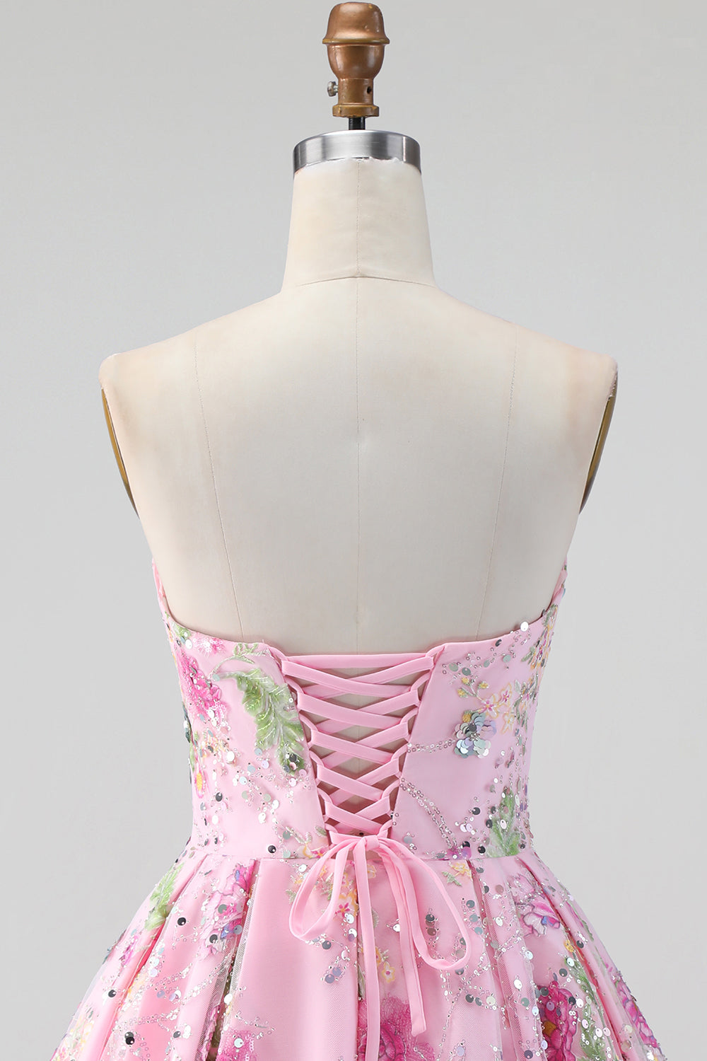 Sparkly Pink Floral Beaded A Line Short Strapless Homecoming Dress