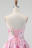 Sparkly Pink Floral Beaded A Line Short Strapless Homecoming Dress