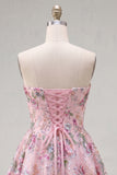 Sparkly Pink Floral Beaded A Line Short Strapless Homecoming Dress