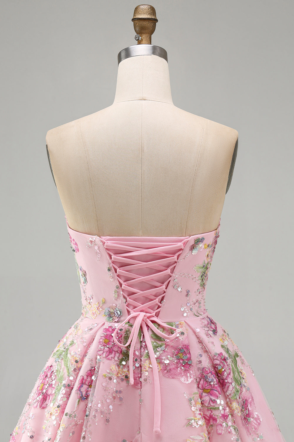 Sparkly Pink Floral Beaded A Line Short Strapless Homecoming Dress