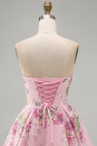 Sparkly Pink Floral Beaded A Line Short Strapless Homecoming Dress