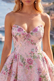 Sparkly Pink Floral Beaded A Line Short Strapless Homecoming Dress