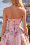 Sparkly Pink Floral Beaded A Line Short Strapless Homecoming Dress
