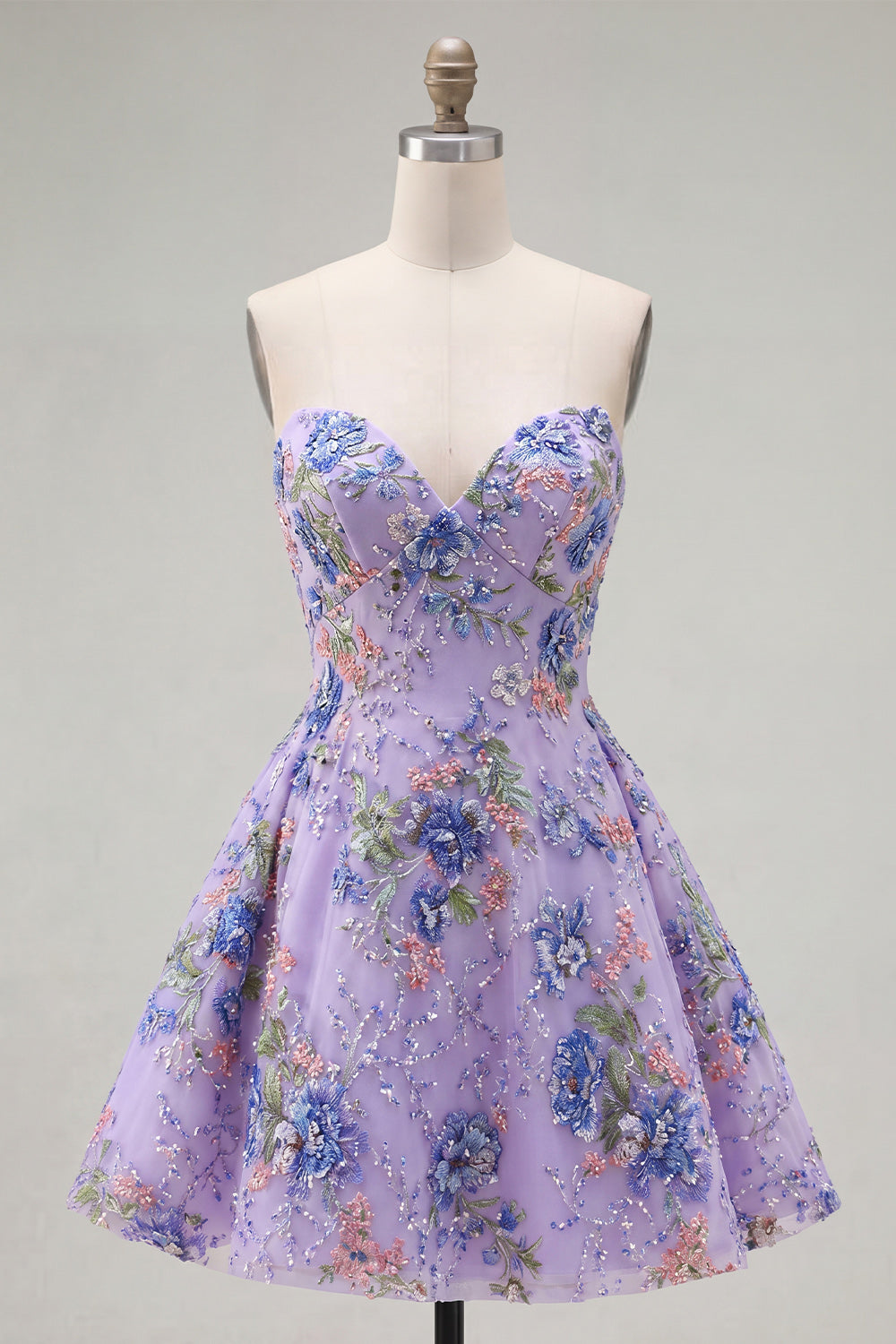Sparkly Pink Floral Beaded A Line Short Strapless Homecoming Dress