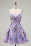 Sparkly Pink Floral Beaded A Line Short Strapless Homecoming Dress