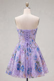 Sparkly Pink Floral Beaded A Line Short Strapless Homecoming Dress