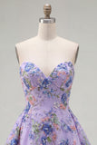 Sparkly Pink Floral Beaded A Line Short Strapless Homecoming Dress