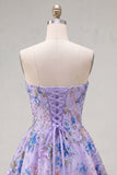 Sparkly Pink Floral Beaded A Line Short Strapless Homecoming Dress