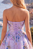 Sparkly Pink Floral Beaded A Line Short Strapless Homecoming Dress