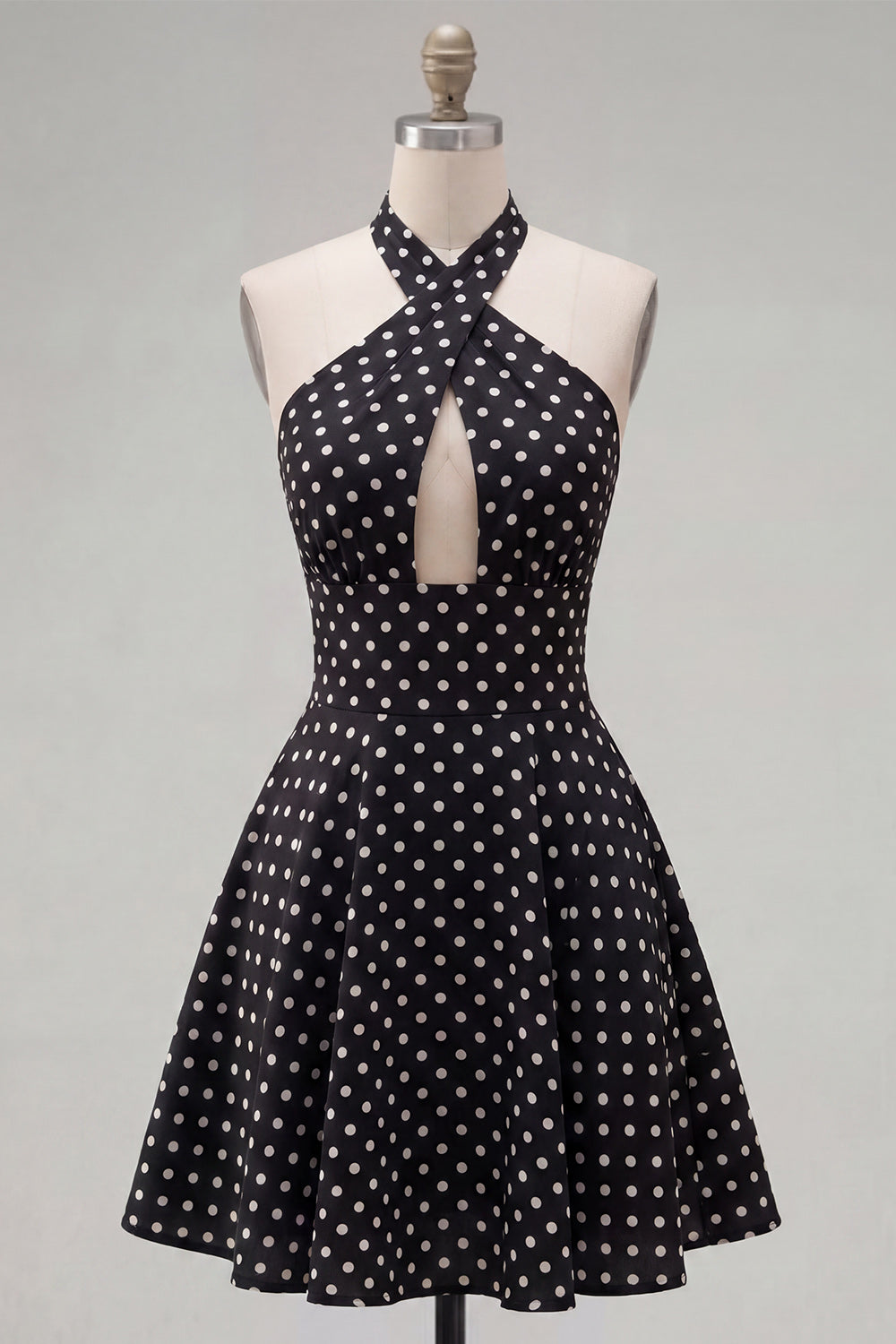 Black White Dot A Line Halter Short Keyhole Homecoming Dress