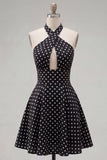 Black White Dot A Line Halter Short Keyhole Homecoming Dress