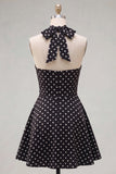 Black White Dot A Line Halter Short Keyhole Homecoming Dress