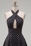 Black White Dot A Line Halter Short Keyhole Homecoming Dress