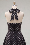 Black White Dot A Line Halter Short Keyhole Homecoming Dress