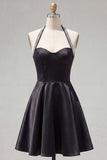 Black A Line Halter Short Homecoming Dress with Beading