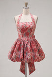 Red Flower Jacquard A Line Halter Short Homecoming Dress with Bow