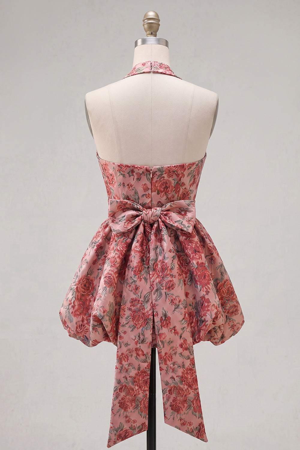 Red Flower Jacquard A Line Halter Short Homecoming Dress with Bow