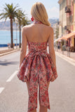 Red Flower Jacquard A Line Halter Short Homecoming Dress with Bow